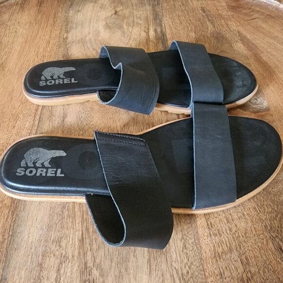 Sorel Ella II Flat Leather Slip-On Black Slide Sandals Womens Size 11 - Picture 5 of 11